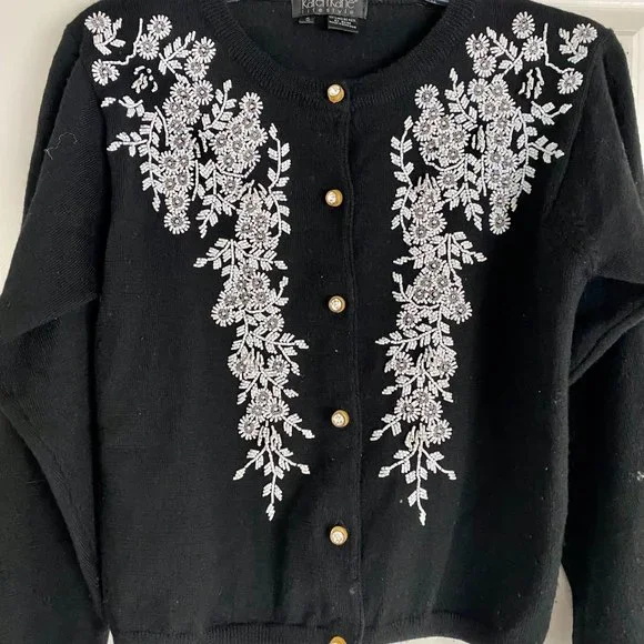 Karen Kane Lifestyle Black Wool Beaded Cardigan Sweater Vintage Style, Size S - Picture 4 of 6